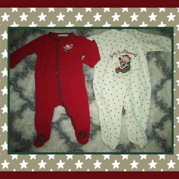 2 PAIRS MY 1ST CHRISTMAS FOOTIE PAJAMAS SLEEPERS VELOUR-GIRLS/BOYS SIZE 3-6 MO - Picture 2 of 3
